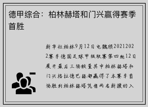 德甲综合：柏林赫塔和门兴赢得赛季首胜